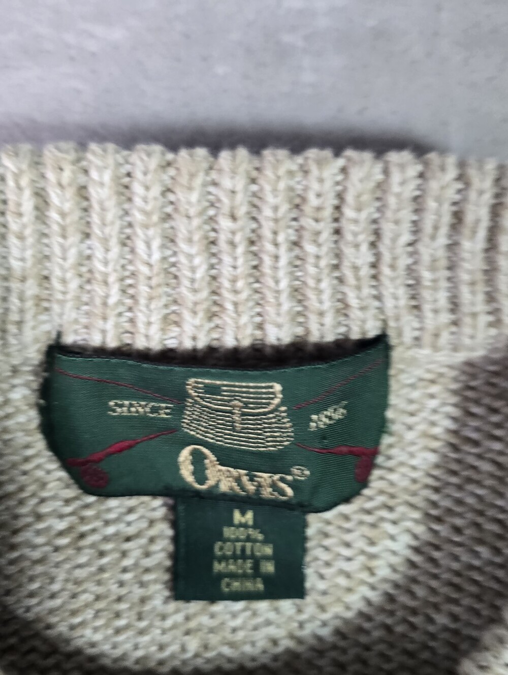 Orvis Mens Patchwork Sweater Sz Med Beige Colorblock Cable Knit Crewneck - Picture 3 of 8
